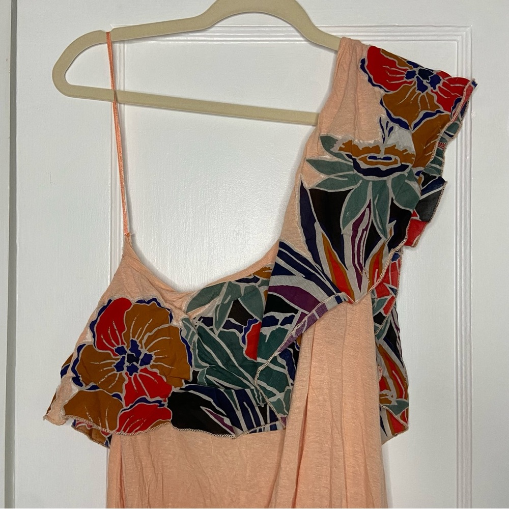 Free People Annka Bubble Tropical One Shoulder Vacation Blouse In Peach Medium - Picture 11 of 15